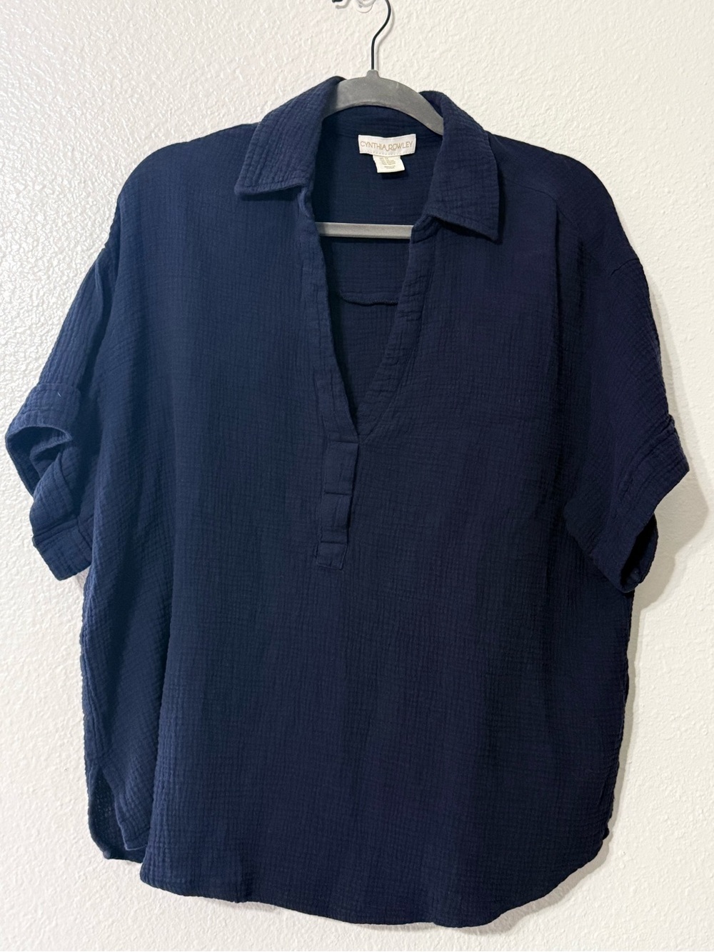 Cynthia Rowley 100% Cotton Gauze Popover Top 1X Navy Blue